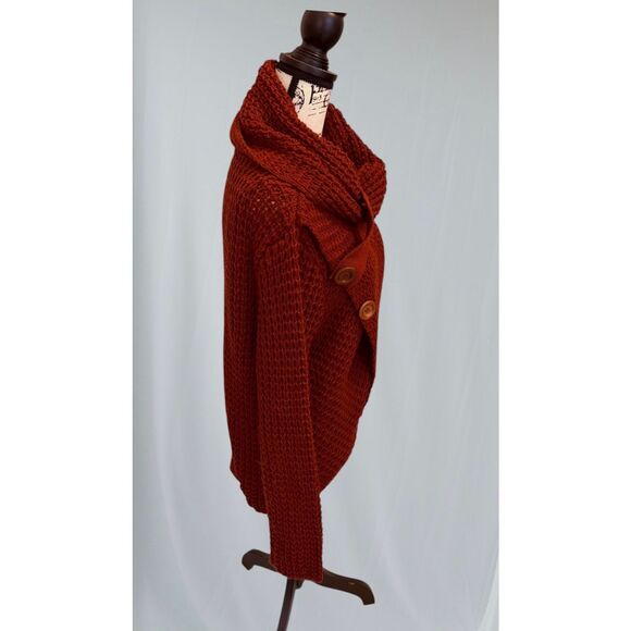 Zenana Outfitters Women’s L Sweater Red/Brown Asymmetrical Cowl Neck Chunky Ribb - Picture 3 of 9